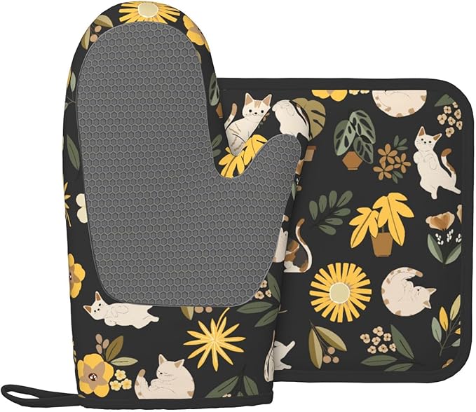Cute Cats Flowers Garden Silicone Oven Mitts Pan Mats Set of 2, Heat Resistant Gloves Potholder with Non-Slip Grips Hanging Loops Pot Holder, Spring Summer for Chef Cooking, Baking, Grilling, BBQ