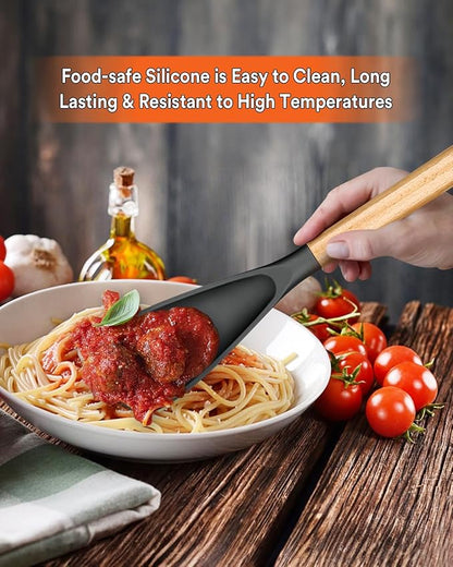 Cooking Spoon for Nonstick Cookwares, Great for Cooking and Serving Sturdy BPA-Free Matte Silicone, Wood Handle Spoon for Mixing, Scoop, and Scrape (2 Pack of Grey, 13.4 inch) - Image 3