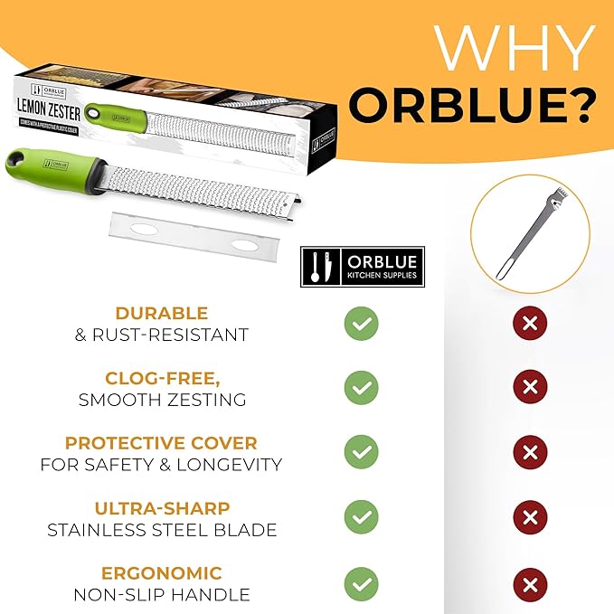 Orblue Lemon Zester & Cheese Grater - Premium Citrus Zester, Kitchen Grater for Parmesan, Chocolate, Fruits, Vegetables, Ginger, Garlic, Nutmeg - Stainless Steel Blades with Protective Cover, Green - Image 8