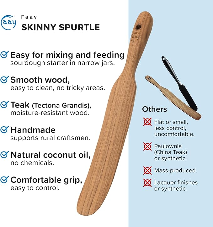 FAAY Handmade Teak Spurtle for Sourdough Starter – Wooden Stirring Stick & Mixing Tool for Deep Jars | Nonstick-Safe, Finished with Coconut Cooking Oil, Crafted in Thailand - Image 6