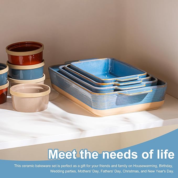 Dafuceramic Casserole Dishes for Oven, Baking Dishes, Ceramic Bakeware Sets of 4, Rectangular Baking Pan Set with Handles for Baking, Casserole, Kitchen, Wedding Gift (Blue Yellow) - Image 7