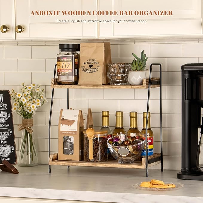 ANBOXIT Countertop Coffee Station Organizer, 2 Tier Wooden Shelf for Coffee Bar Accessories, Condiment Storage Caddy for Kitchen, Home, Office - Brown - Image 3