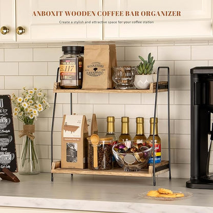 ANBOXIT Countertop Coffee Station Organizer, 2 Tier Wooden Shelf for Coffee Bar Accessories, Condiment Storage Caddy for Kitchen, Home, Office - Brown - Image 3