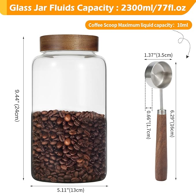 Large Glass Coffee Jars with Spoon,Round Storage Canister with Wooden Lid Clear Glass Food Jar for Pantry Sugar Tea Coffee Bean Spice Nuts Cookies Bath Salts (2300ml/77oz) - Image 2