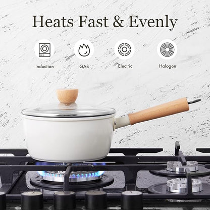 ROCKURWOK Ceramic Nonstick Sauce Pan with Lid, 1.5 Qt Small Pots for Cooking, Small Pot Wooden Handle for Cool Touch, Non Toxic & Pfas-Free Saucepan, Universal Base(Gas, Electric & Induction), White - Image 7