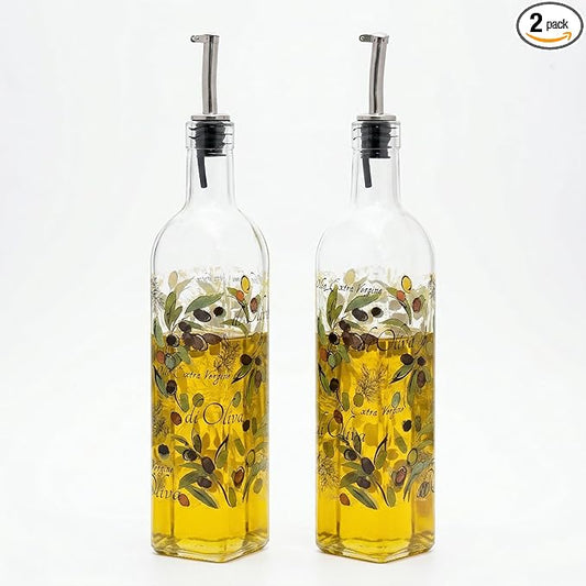 Topadorn 17 oz Olive Oil Dispenser Bottle Set for Kitchen, 2 Pcs Glass Oil Dispenser Bottle with Stainless Steel Pourers, 2 Packs of Napkins, Fruit