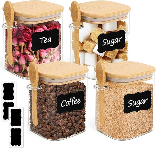 ComSaf 0.8 Qt Glass Jars with Bamboo Lids & Spoons Set of 4, Square Glass Containers with Lids, Sugar Coffee Containers Salt Spice Jars, Pantry Storage Container for Loose Tea, Candy, Brown Sugar, Nut by ComSaf