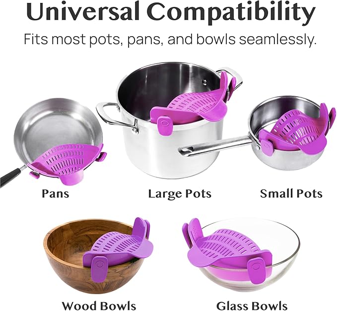Kitchen Gizmo Snap N Strain Pot and Pasta Strainer - Strainers and Colanders - Adjustable Silicone Clip On Strainer for Pots, Pans, and Bowls - Kitchen Colander - Purple - Image 6