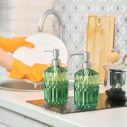 AmazerBath Soap Dispenser, 2 Pack Green Glass Soap Dispenser with Pump Stainless Steel, 14.2OZ Refillable Hand Soap Bottles Bathroom Kitchen - Image 9