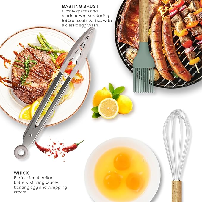 Silicone Cooking Utensils Set - 446°F Heat Resistant Silicone Kitchen Utensils for Cooking,Kitchen Utensil Spatula Set w Wooden Handles and Holder, BPA FREE Gadgets for Non-Stick Cookware (Colorful) - Image 4