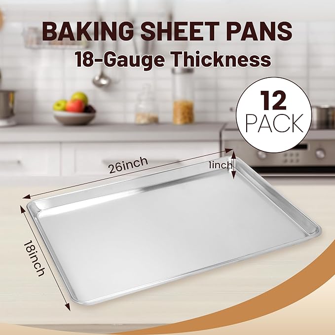 BIEAMA 12 Pack Full Size Baking Sheet Pan Aluminum Commercial Pan for Oven Freezer Bakery Hotel Restaurant 26" × 18" - Image 2