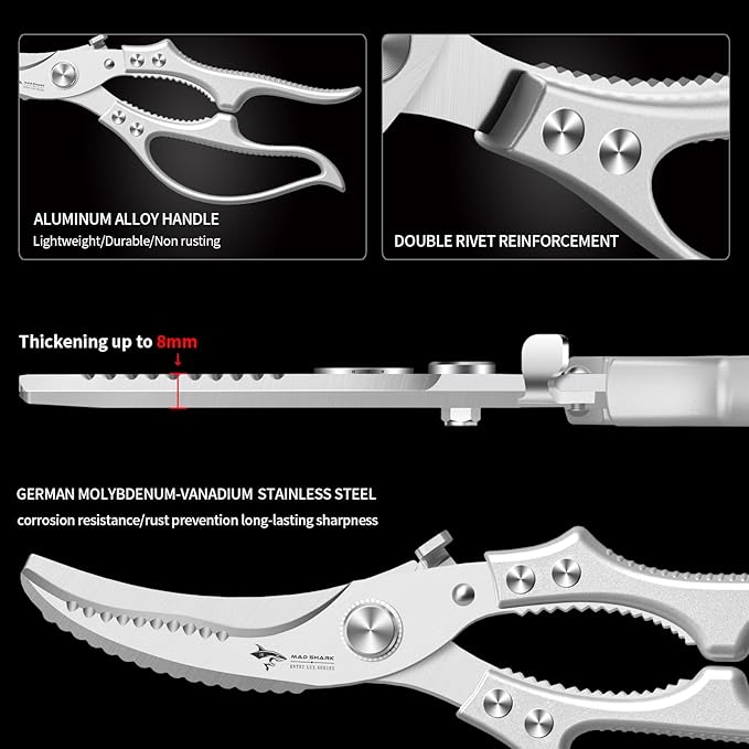 MAD SHARK Heavy Duty Poultry Shears, Kitchen Shears with Non-Slip Handle & Safety Lock, All Purpose Kitchen Scissors for Chicken, Meat Cutting, Turkey, Fish, Vegetables, Spring Loaded, Dishwasher Safe - Image 6