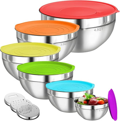 Mixing Bowls with Lids Set, 6 PCS Stainless Steel Mixing Bowls with 3 Grater Attachments, Kitchen Food Organizers Nesting Mixing Bowl, Large Size 4.5, 3.5, 2.1, 1.5, 1.1, 0.7QT-Colorful by HelpYouSaveMoreSpace