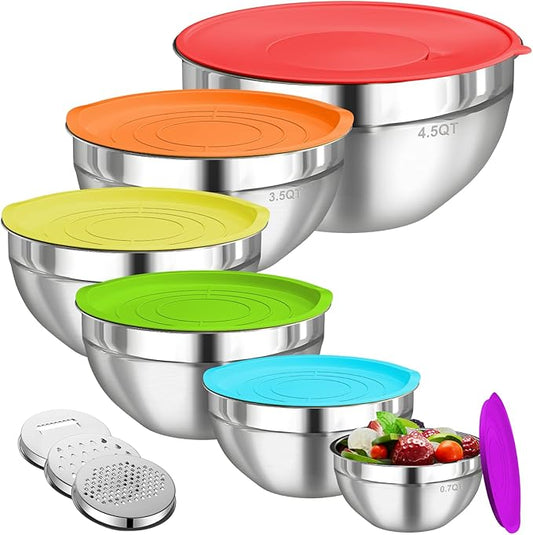 Mixing Bowls with Lids Set, 6 PCS Stainless Steel Mixing Bowls with 3 Grater Attachments, Kitchen Food Organizers Nesting Mixing Bowl, Large Size 4.5, 3.5, 2.1, 1.5, 1.1, 0.7QT-Colorful by HelpYouSaveMoreSpace