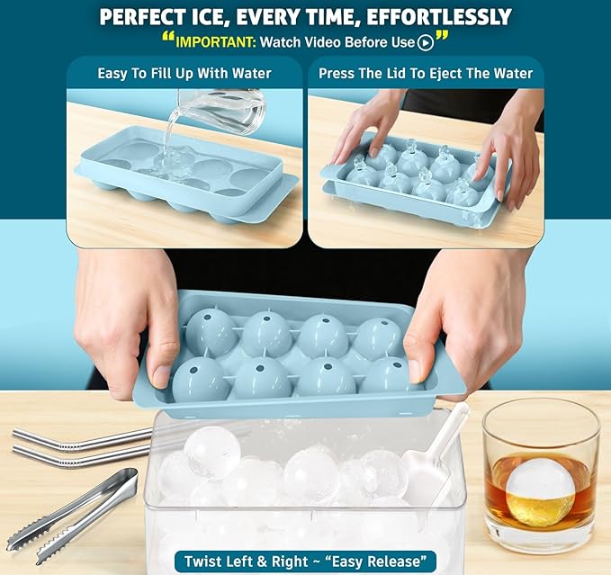 1.8in Large Ice Cube Molds - Big Round Whiskey Plastic Ice Trays for Freezer with Bucket, Scoop, Tongs, 2 Straws - Easy to Fill & Release, Bourbon Cocktail (3 pack, 8 Balls) - Image 2