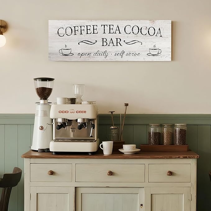 Coffee Tea Cocoa Bar Sign Decor Farmhouse Wall Plaque with Wood Grain Retro Cafe Canvas Prints for Bar Decor Open Daily Self Serve Kitchen Cafe Pub Nook Decoration Accessories 8"x24" - Image 2