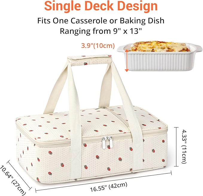 Insulated Casserole Carrier for Hot or Cold Food,Pie Carrier Bag Lunch Bag Tote for Potluck Parties/Picnic/Cookouts, Fits 9"x13" Baking Dish,Single Corduroy Strawberry