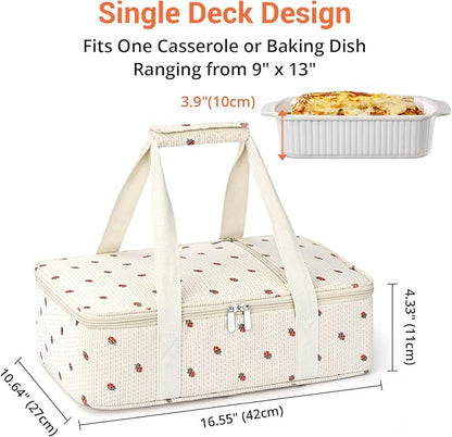 Insulated Casserole Carrier for Hot or Cold Food,Pie Carrier Bag Lunch Bag Tote for Potluck Parties/Picnic/Cookouts, Fits 9"x13" Baking Dish,Single Corduroy Strawberry