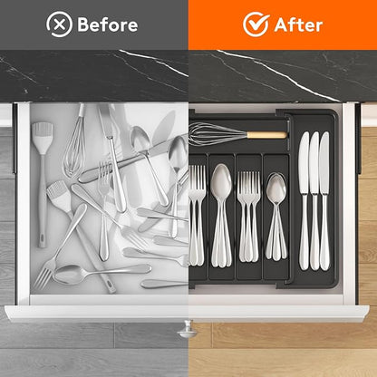 Lifewit Expandable Silverware Organizer, Plastic Utensil Tray for Kitchen Drawer, BPA Free Flatware Cutlery Holder, Space-Saving Storage for Spoons Forks Knives, 8.5-14 x 12 x 1.5 inch, Black - Image 4