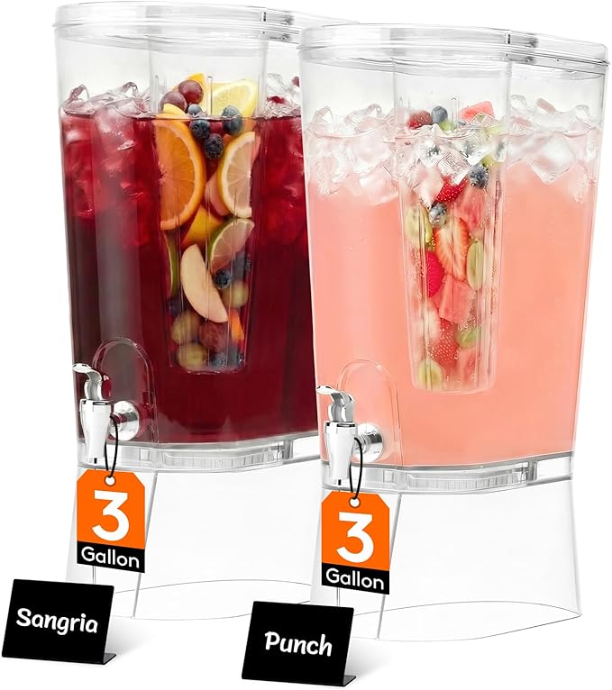 Lifewit 3 Gallon Drink Dispenser for Parties 2 Pcs, Large Plastic Beverage Container for Juice/Tea/Soda with Stand & Ice Core, Clear Lemonade Dispenser with Spigot, BPA Free Water Pitcher for Hosting by Lifewit
