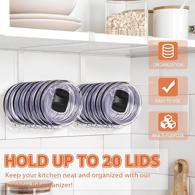 2 Pack Tumbler Lid Organizer, Horizontal Tumbler Lid Storage Hook to Hold Up 20 Lids, Space Saving Cup Lid Holders Under Cabinet Tumbler Lid Hook for Kitchen Organizer, Paper Towel Rack Hanger (White) - Image 2