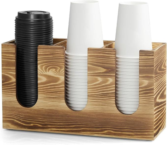 Wooden Coffee Cup and Lid Organizer for Countertop, 3 Compartments Cup Holder Dispenser, Fits 16–24 oz Disposable Cups, Coffee Bar Cup Organizer, Breakroom Kitchen Counter Cup Holder