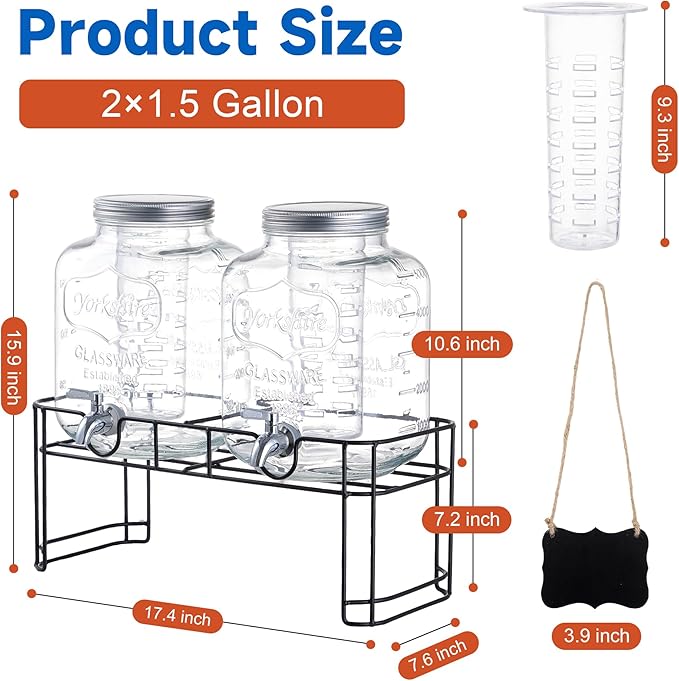 1.5 Gallon Glass Drink Dispensers for Parties, 2PACK Beverage Dispenser with Stand, Ice Cylinder and Stainless Steel Spigot 100% Leakproof, Beverage Dispenser for Lemonade Sun Tea - Image 7