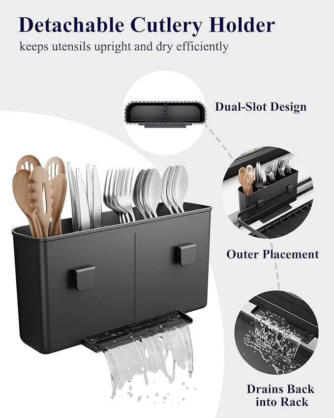 Kitsure Dish Drying Rack - Multi-Functional Dish Rack for Kitchen Counter with Cutlery Holder, Rust-Proof Storage Solution with Rotatable, 15.7" x 12.0" x 5.5", Black - Image 6