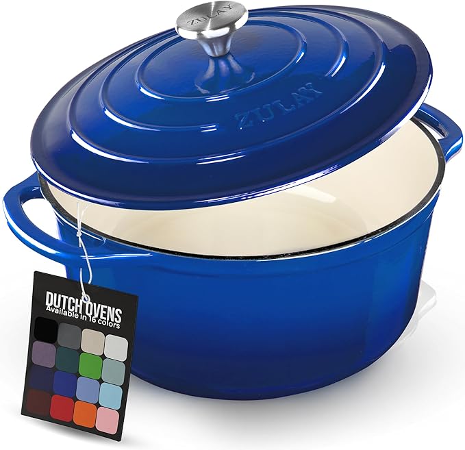 Zulay Kitchen 6 Quart Enameled Cast Iron Dutch Oven Pot with Lid – Premium Durability & Oven Safe up to 500°F – Heavy Duty Cookware Perfect for Bread Baking, Stews, Braising & Roasting - Blue by ZulayKitchen