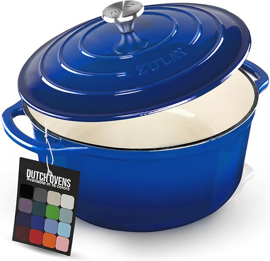 Zulay Kitchen 6 Quart Enameled Cast Iron Dutch Oven Pot with Lid – Premium Durability & Oven Safe up to 500°F – Heavy Duty Cookware Perfect for Bread Baking, Stews, Braising & Roasting - Blue by ZulayKitchen