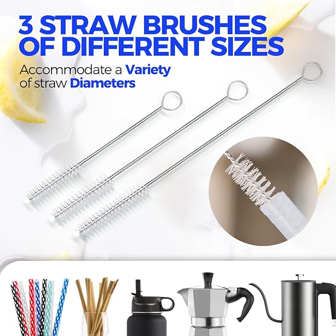 Holikme 5-Piece Bottle Brush Cleaner Set - 14" Stainless Steel Handle, 3 Straw Brushes, Cleans Water Bottles, Cups, Baby Bottles, Black & Grey - Image 4