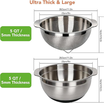 304 Stainless Steel Colander, 5 QT Large Capacity and 5QT Mixing Bowl, 2mm Micropore Strainer for Washing Rice, Fruit, and Veggies, Perfect Draining for Cooked Pasta - Image 7