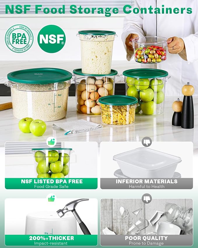 6QT NSF Round Food Storage Containers with Lids: 4 PCS [Total Food Grade][Hot&Cold Resistant] Dough Proofing Container for Pizza, Bread with Measuring Spoons Included(BPA FREE) (GREEN) - Image 5