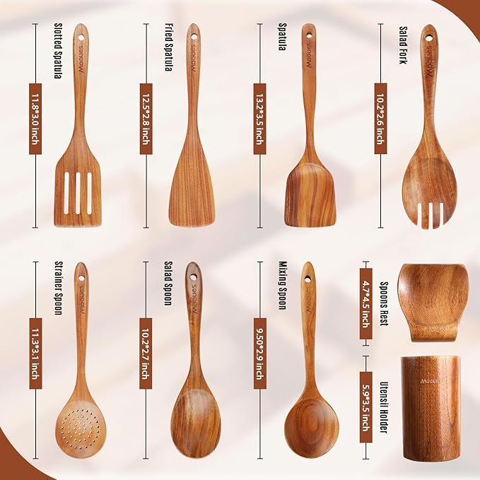Wooden Spoons for Cooking, 9 PCS Teak Wood Cookware Utensil Set - Smooth Finish, Non-Stick, Comfortable Grip, Heat Resistant Kitchen Utensils Gift Box - Image 3