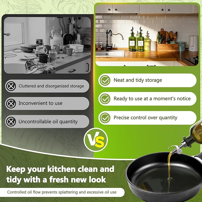 COOLMI Oil Dispenser for Kitchen - 12oz/350ml, Set of 2 Extra Thick Food Grade Glass Olive Oil Dispenser Bottle with Cleaning Brush, Stickers and Funnel (Black)