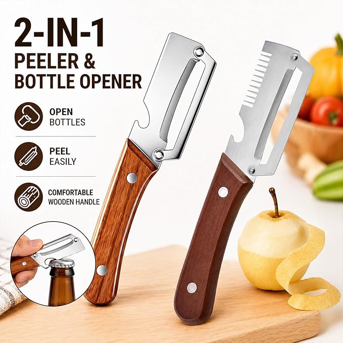 Roselli Wooden-Handled Stainless Steel Shredder and Peeler, Multifunctional Vegetable Peelers for Kitchen, Stainless Steel Peeler Knife with Wooden Handle & Bottle Opener (Paring knife*1)