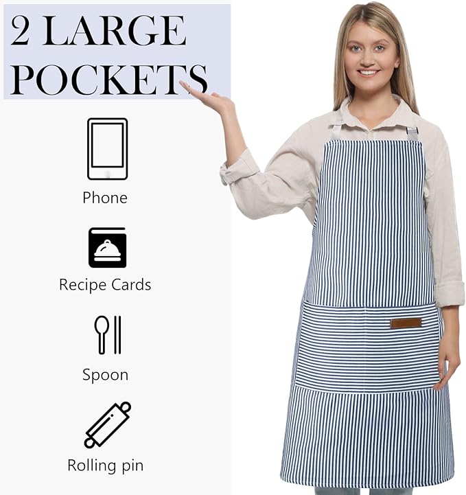 Handepo 4 Pcs Kitchen Aprons with Pockets Adjustable Waterproof Cotton Aprons Striped Apron for Women Men Chef Mother Gift - Image 5
