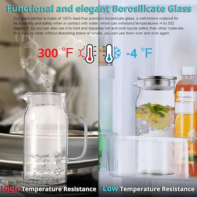 Bivvclaz 2 Pack 1.2 Liter 40 oz Small Glass Pitcher with Lid and Handle, Glass Carafe Water Pitcher for Hot/Cold Water, Iced Tea, Drinks, Coffee, Juice and Homemade Beverage - Image 5