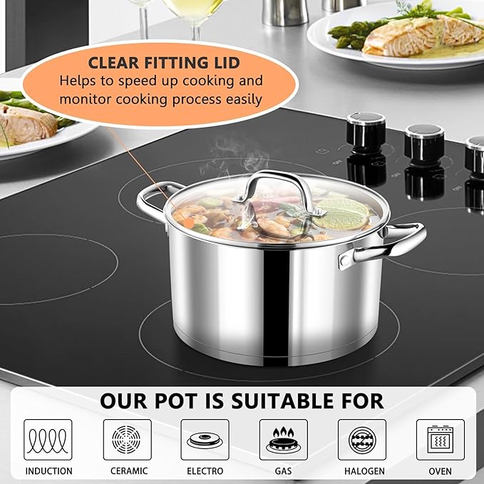 P&P CHEF 5 Quarts Cooking Stock Pot with Lid, Stainless Steel Stockpot Induction Pot for Soup, Tri-Ply Bottom & Clear Glass Lid & Double Handle, Dishwasher Safe - Image 5