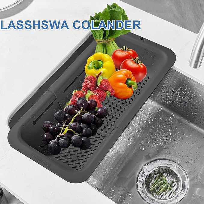 LASSHSWA Collapsible Colander for Kitchen, Over the Sink Strainer Basket for Kitchen, Fruit Pasta Food Strainer Expandable Plastic Colander BPA Free (Black) - Image 2