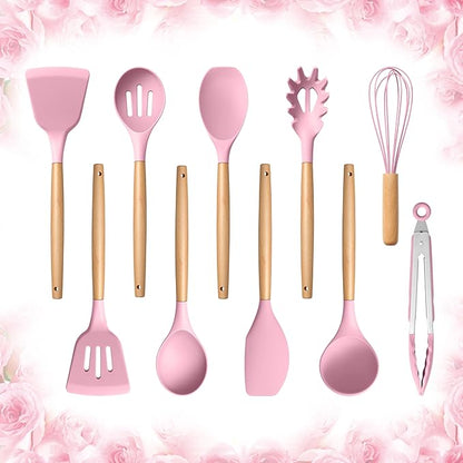 E-far Silicone Cooking Utensils Set, 10-Piece Kitchen Utensils Set with Wooden Handle for Cooking, Non-toxic Silicone Kitchen Nonstick Tools Spatula Whisk Tongs Ladle, Heat Resistant & Health, Pink by E-far