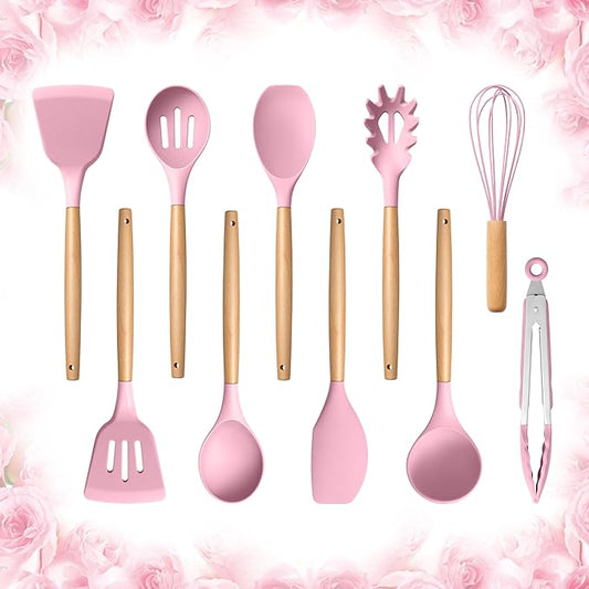 E-far Silicone Cooking Utensils Set, 10-Piece Kitchen Utensils Set with Wooden Handle for Cooking, Non-toxic Silicone Kitchen Nonstick Tools Spatula Whisk Tongs Ladle, Heat Resistant & Health, Pink by E-far