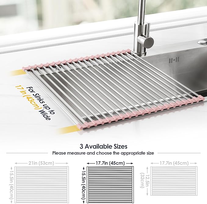 Tomorotec 17.7" x 15.5" Roll Up Dish Drying Rack Over Sink Drying Rack Sink Cover Kitchen Sink Accessories Gadget Multipurpose Organizer Foldable Stainless Steel Drainer - Image 4