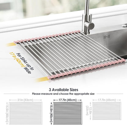 Tomorotec 17.7" x 15.5" Roll Up Dish Drying Rack Over Sink Drying Rack Sink Cover Kitchen Sink Accessories Gadget Multipurpose Organizer Foldable Stainless Steel Drainer - Image 4