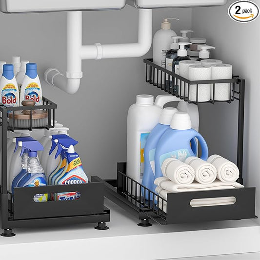 Saydear Under Sink Organizer Storage 2-Tier Premium Metal Pull-Out Kitchen Cabinet Organizer with Sliding Drawer, Height Adjustable, Heavy Duty for Kitchen & Bathroom Organizers 2 Pack Black by Saydear