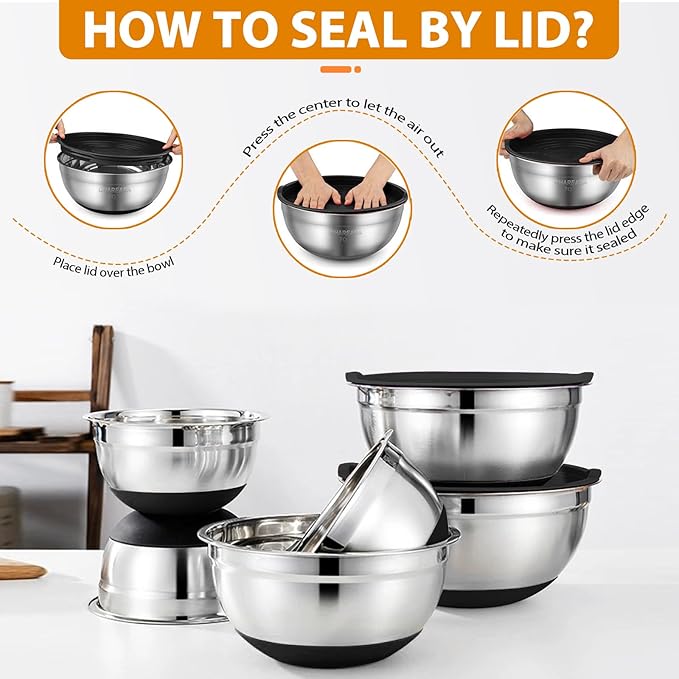 CHAREADA Mixing Bowls with Airtight Lids, 18pcs Stainless Steel Nesting Colorful Mixing Bowls Set Non-slip Silicone Bottom, Size 4.5, 3.6, 2.7, 2.1, 1.7, 1.1, 0.7 qt, Fit for Mixing & Serving (Black) - Image 2