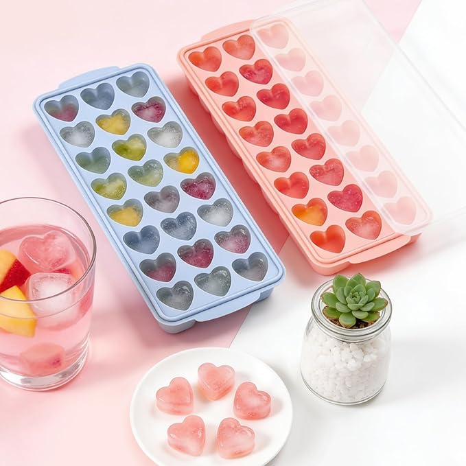 Heart Ice Cube Molds with Lid 2 Pcs Mini Heart Ice Cubes Tray for Whiskey Hearts Silicone Jello Chocolate Mold Hearts Pudding Soap Candle Molds Valentine Ices Cube Maker for Cocktails Beverages