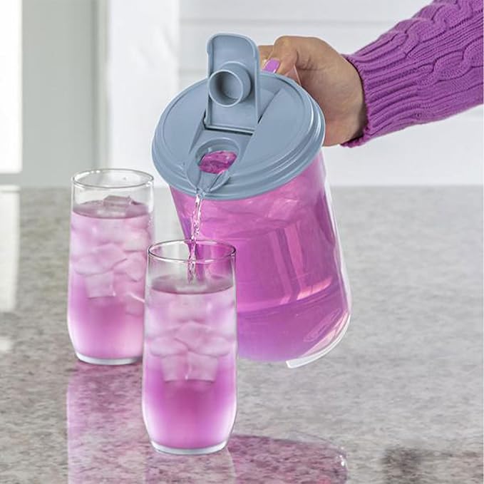 Sterilite 2 Quart Clear Round Plastic Pitcher, Dishwasher Proof with Blue Lid, Spout, and Handle for Easy Pouring, Washed Blue, 12-Pack - Image 4