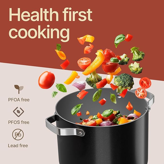 Bakken 8.5 Quart Ceramic Coated Stock Pot with Lid, Easy Clean Nonstick Pot, Tempered Glass Lid, Riveted Stainless Steel Handles, Oven Safe Up To 500°F, PTFE & PFAS Free, All Stove Compatible, Black - Image 6