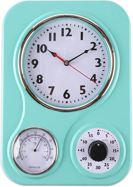 Lily's Home - 9.5 Inch x 12.5 Inch - Retro Kitchen Wall Clock, Vintage Wall Clock with a Thermometer and 60-Minute Timer, Ideal for Any Kitchen, Office, or Diner (Turquoise)